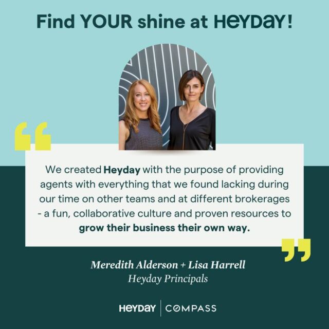 HEY! Our Central Texas team is growing...Learn more below and swipe through to see what our amazing agents have to say about Heyday. 

Heyday is an award-winning real estate team at Compass, proudly serving both the Central Texas and Colorado markets. We are a fun, smart, and collaborative group that cares deeply about one another and the elevated level of service we provide our clients. If you are an accomplished agent who is looking for a team that is different by design, we’d love to speak with you. Please DM us or visit theheydaygroup.com/join-heyday to learn more and get in touch with us.