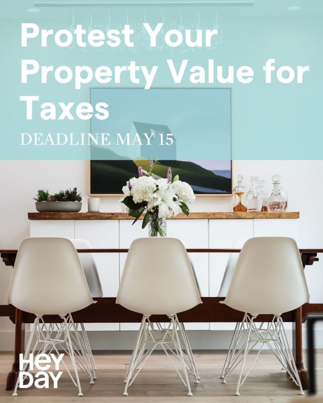 REMINDER! The deadline to protest your assessed property value for taxes is this Thursday, May 15. Need more info? Check your County Appraisal District website for details on the process.

Here are protest companies you can hire to advocate on your behalf: 
@ownwellofficial 
@texasprotax 
@hometaxshield 
Five Stone Tax Advisers

#savemoney #propertytax #propertytaxappeal #realestatenews #realestate